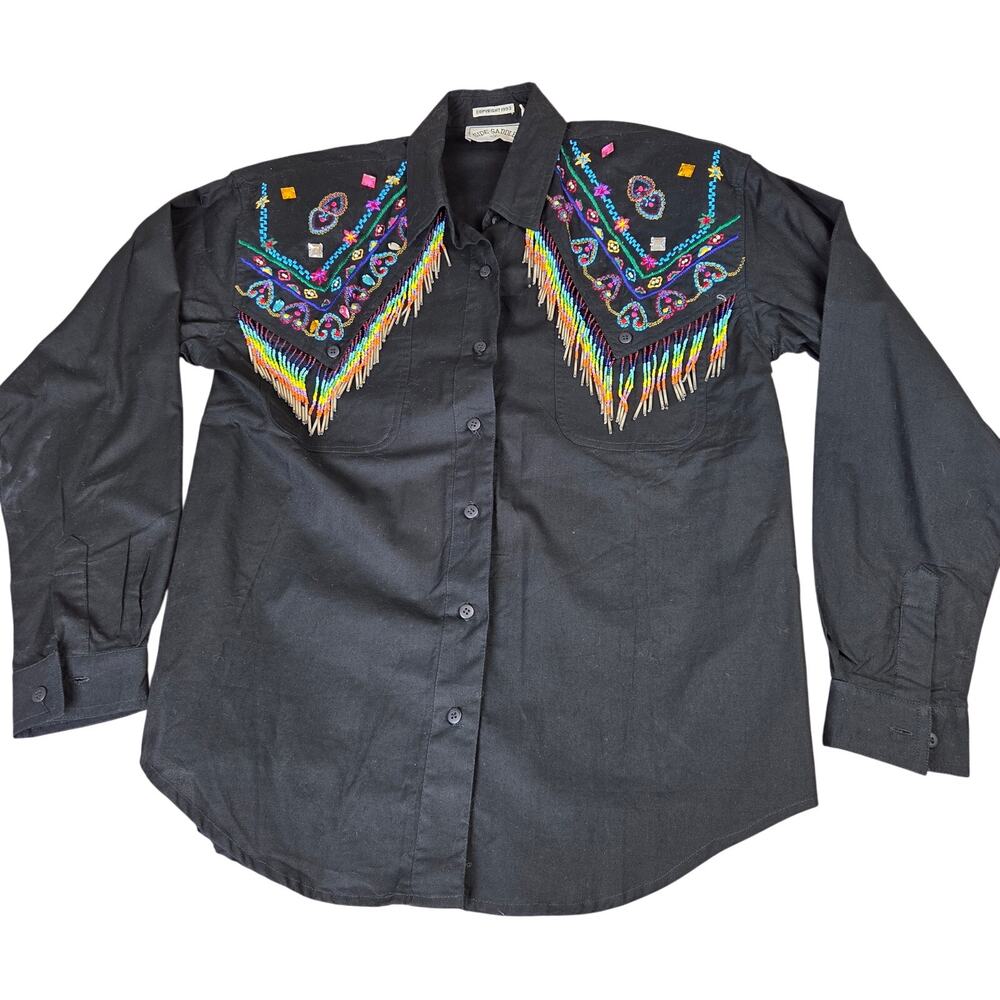 Side Saddle 1993 Beaded Fringe Western Button Shirt Black Cotton M Pad
